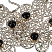 Load image into Gallery viewer, Floral Filigree Dangle Earrings with Black Agate Cabochons - Mysterious Madame | NOVICA