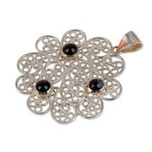 Load image into Gallery viewer, Floral Filigree Pendant Necklace with Black Agate Cabochons - Mysterious Madame | NOVICA