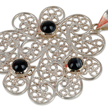 Load image into Gallery viewer, Floral Filigree Pendant Necklace with Black Agate Cabochons - Mysterious Madame | NOVICA
