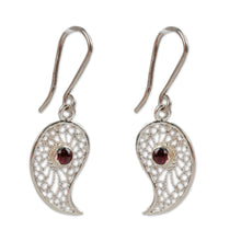 Load image into Gallery viewer, Polished Paisley-Shaped Garnet Filigree Dangle Earrings - Passion at the Palace | NOVICA