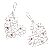 Load image into Gallery viewer, Garnet 925 Silver Heart Dangle Earrings with Openwork Accent - Heart Tapestry | NOVICA