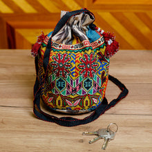 Load image into Gallery viewer, Iroqi Embroidered Silk Drawstring Sling with Tassels - Fantasy Spirit | NOVICA