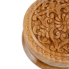 Load image into Gallery viewer, Traditional Handmade Floral Round Walnut Wood Jewelry Box - Circle of Splendor | NOVICA
