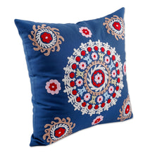 Load image into Gallery viewer, Hand-Embroidered Suzani Cotton Mandala Cushion Cover in Blue - Chic Mandala | NOVICA