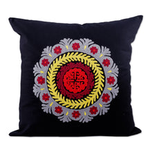 Load image into Gallery viewer, Black Hand-Embroidered Suzani Cotton Mandala Cushion Cover - Mandala Glam | NOVICA