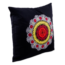 Load image into Gallery viewer, Black Hand-Embroidered Suzani Cotton Mandala Cushion Cover - Mandala Glam | NOVICA