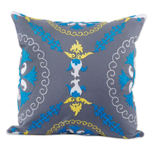 Load image into Gallery viewer, Hand-Embroidered Suzani Cotton Pomegranate Cushion Cover - Pomegranate on Grey | NOVICA