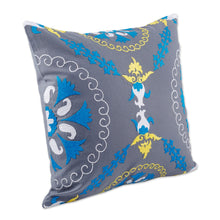 Load image into Gallery viewer, Hand-Embroidered Suzani Cotton Pomegranate Cushion Cover - Pomegranate on Grey | NOVICA