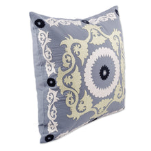 Load image into Gallery viewer, Hand-Embroidered Suzani Cotton Cushion Cover in Grey - Tajik Art | NOVICA