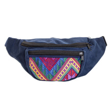 Load image into Gallery viewer, Geometric Blue Cotton Belt Bag with Adjustable Strap - Colors of Guatemala | NOVICA