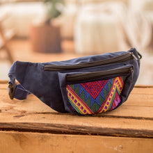 Load image into Gallery viewer, Geometric Blue Cotton Belt Bag with Adjustable Strap - Colors of Guatemala | NOVICA
