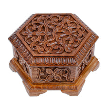 Load image into Gallery viewer, Hand-Carved Hexagonal Wood Floral and Leaf Jewelry Box - Opulent Hexagon | NOVICA