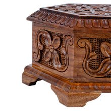 Load image into Gallery viewer, Hand-Carved Hexagonal Wood Floral and Leaf Jewelry Box - Opulent Hexagon | NOVICA