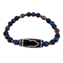 Load image into Gallery viewer, Multi-Gemstone Beaded Dzi Pendant Bracelet in Blue - Blue Fate | NOVICA