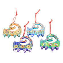 Load image into Gallery viewer, Hand-Painted Cat-Themed Floral Ceramic Ornaments (Set of 4) - Festive Felines | NOVICA