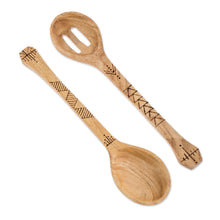 Load image into Gallery viewer, 2 Reclaimed Wood Serving Spoons with Pyrography Designs - Culinary Seasoning | NOVICA