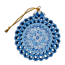 Load image into Gallery viewer, Blue Glazed Ceramic Floral Ornament Made & Painted by Hand - Blue Folklore | NOVICA