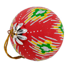 Load image into Gallery viewer, Hand-Painted Traditional Round Red Ceramic Ornament - Red Folktales | NOVICA