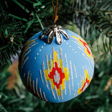 Load image into Gallery viewer, Hand-Painted Traditional Round Blue Ceramic Ornament - Blue Folktales | NOVICA