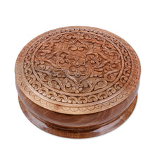 Load image into Gallery viewer, Hand-Carved Traditional Floral Round Walnut Wood Jewelry Box - Circle of Tradition | NOVICA
