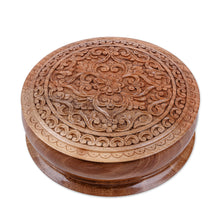 Load image into Gallery viewer, Hand-Carved Traditional Floral Round Walnut Wood Jewelry Box - Circle of Tradition | NOVICA