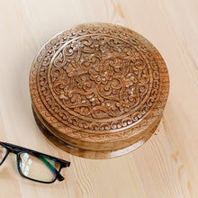 Load image into Gallery viewer, Hand-Carved Traditional Floral Round Walnut Wood Jewelry Box - Circle of Tradition | NOVICA
