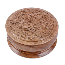 Load image into Gallery viewer, Classic Floral Round Walnut Wood Jewelry Box from Uzbekistan - Middle East Bloom | NOVICA