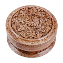 Load image into Gallery viewer, Handcrafted Round Walnut Wood Jewelry Box with Floral Motifs - Eden's Vision | NOVICA