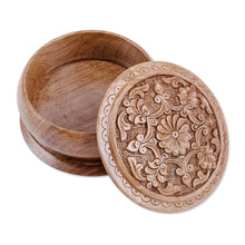 Load image into Gallery viewer, Handcrafted Round Walnut Wood Jewelry Box with Floral Motifs - Eden's Vision | NOVICA
