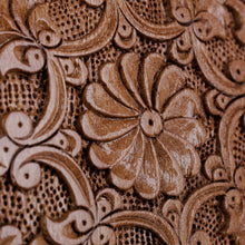 Load image into Gallery viewer, Handcrafted Round Walnut Wood Jewelry Box with Floral Motifs - Eden's Vision | NOVICA