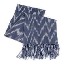 Load image into Gallery viewer, Handwoven Ikat Patterned Blue Cotton Scarf with Fringes - Blue Frequencies | NOVICA