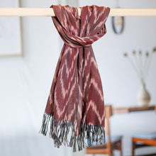 Load image into Gallery viewer, Handwoven Ikat Patterned Red Cotton Scarf with Fringes - Red Frequencies | NOVICA