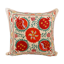 Load image into Gallery viewer, Classic Embroidered Red and Green Silk Cushion Cover - Fruitful Passion | NOVICA