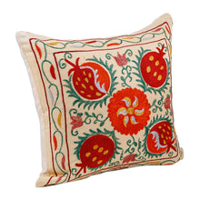 Load image into Gallery viewer, Classic Embroidered Red and Green Silk Cushion Cover - Fruitful Passion | NOVICA