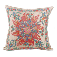 Load image into Gallery viewer, Classic Floral Embroidered Blue and Red Silk Cushion Cover - Floral Deity | NOVICA