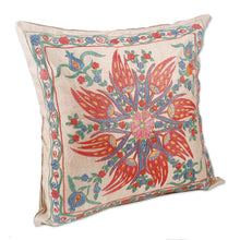 Load image into Gallery viewer, Classic Floral Embroidered Blue and Red Silk Cushion Cover - Floral Deity | NOVICA