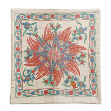Load image into Gallery viewer, Classic Floral Embroidered Blue and Red Silk Cushion Cover - Floral Deity | NOVICA