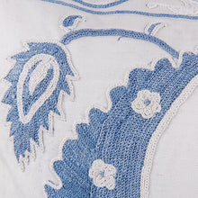 Load image into Gallery viewer, Classic Embroidered Blue and White Cotton Cushion Cover - Celestial Romance | NOVICA