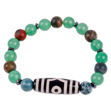 Load image into Gallery viewer, 3-Eyed Dzi Multi-Gemstone Beaded Stretch Pendant Bracelet - Three-Eyed Dzi | NOVICA