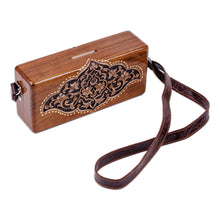 Load image into Gallery viewer, Hand-Carved Floral Walnut Wood Sling with Leather Straps - Sylvan Empress | NOVICA