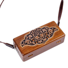 Load image into Gallery viewer, Hand-Carved Floral Walnut Wood Sling with Leather Straps - Sylvan Empress | NOVICA