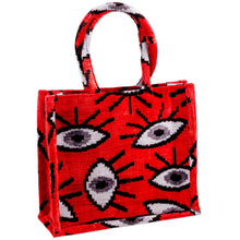 Load image into Gallery viewer, Eye-Patterned Red Silk Velvet Handle Bag from Uzbekistan - Sophisticated Glances | NOVICA