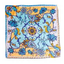 Load image into Gallery viewer, Hand-Woven 100% Silk Floral Square Scarf in Blue and Yellow - Floral Allure | NOVICA