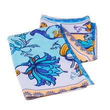 Load image into Gallery viewer, Hand-Woven 100% Silk Floral Square Scarf in Blue and Yellow - Floral Allure | NOVICA