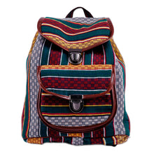 Load image into Gallery viewer, Adjustable Striped Teal and White Janda Cotton Backpack - Voyage to Uzbekistan | NOVICA
