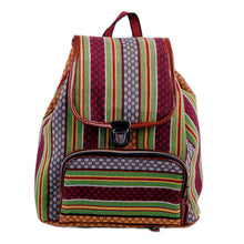 Load image into Gallery viewer, Adjustable Striped Green and Red Janda Cotton Backpack - Natural Traveler | NOVICA