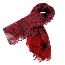 Load image into Gallery viewer, Handwoven Striped Soft Black and Crimson Cashmere Wool Scarf - Regal Pleasure in Crimson | NOVICA