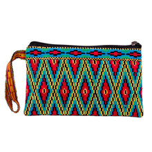 Load image into Gallery viewer, Diamond-Patterned Red and Yellow Silk Cosmetic Bag - Fire Jewels | NOVICA