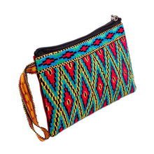 Load image into Gallery viewer, Diamond-Patterned Red and Yellow Silk Cosmetic Bag - Fire Jewels | NOVICA