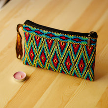 Load image into Gallery viewer, Diamond-Patterned Red and Yellow Silk Cosmetic Bag - Fire Jewels | NOVICA